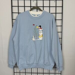 Vintage Morning Sun Pullover Sweatshirt Womens XL‎ Blue Snowmen Holiday Winter